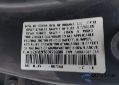 2013 Honda Civic Lx из США, поврежденный, VIN 19XFB2F53DE290685